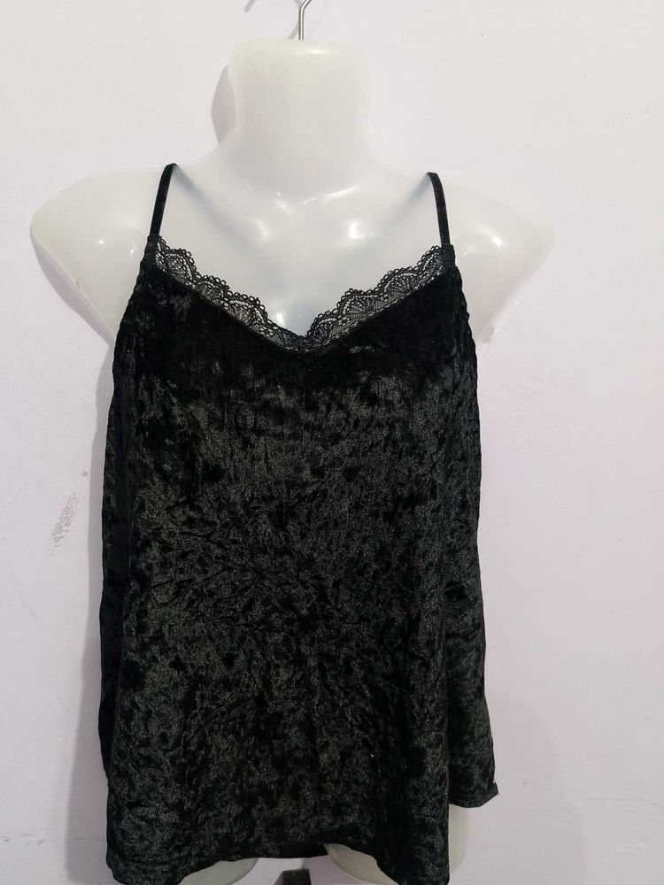 Black Velvet Cami Top with Lace Trim