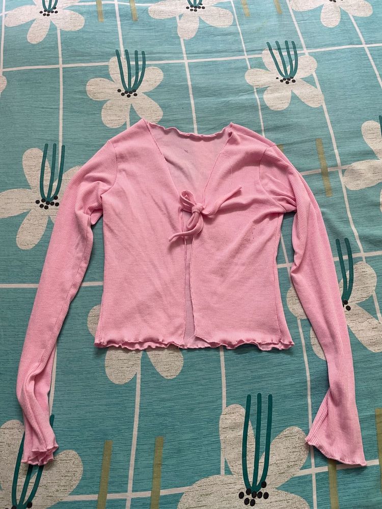 Pink Tie-Front Ribbed Cardigan Top