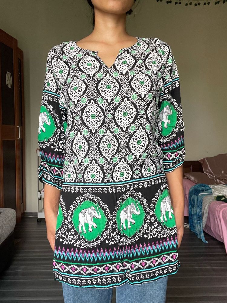 Boho Elephant Print Tunic Top