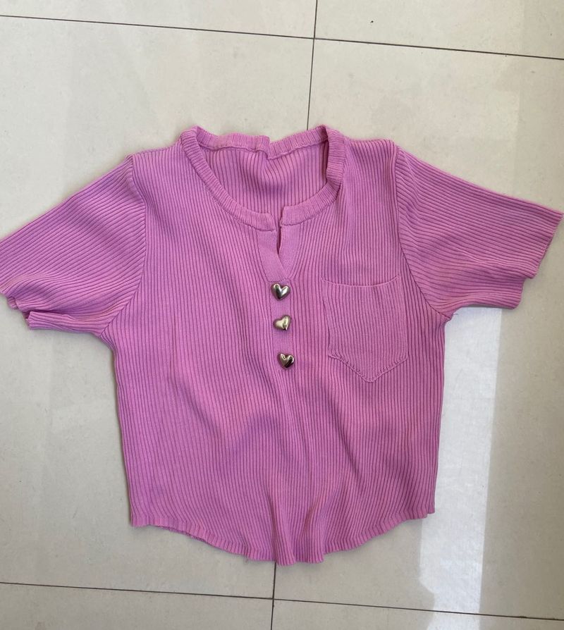 Pink Ribbed Crop Top with Heart Buttons