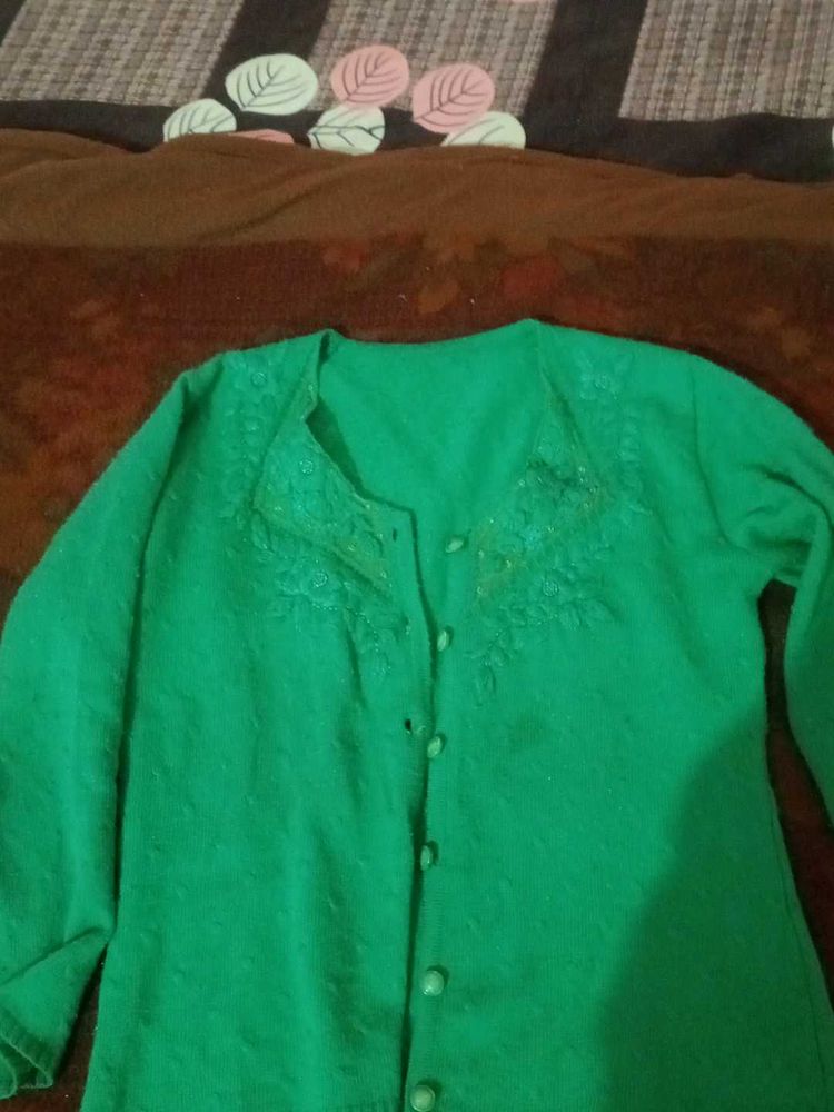 Green Embroidered Cardigan Sweater