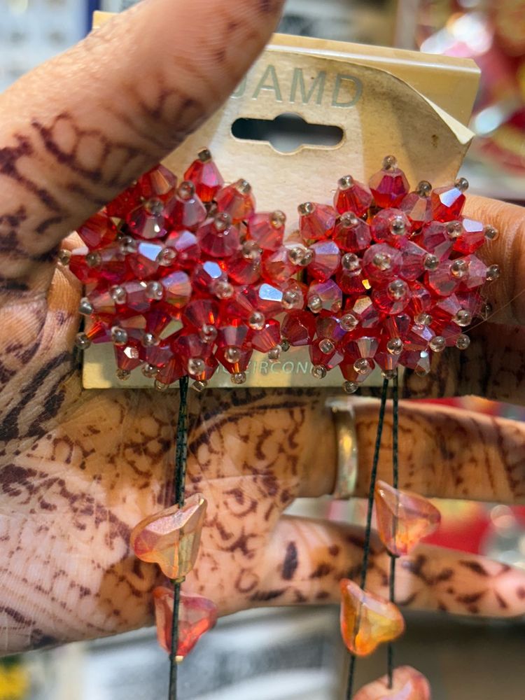 Red Beaded Dangle Earrings