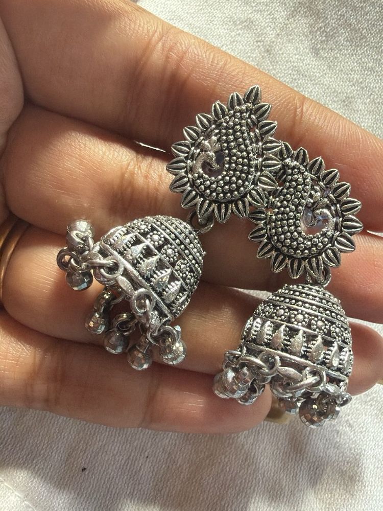 Oxidized Silver Jhumka Earrings