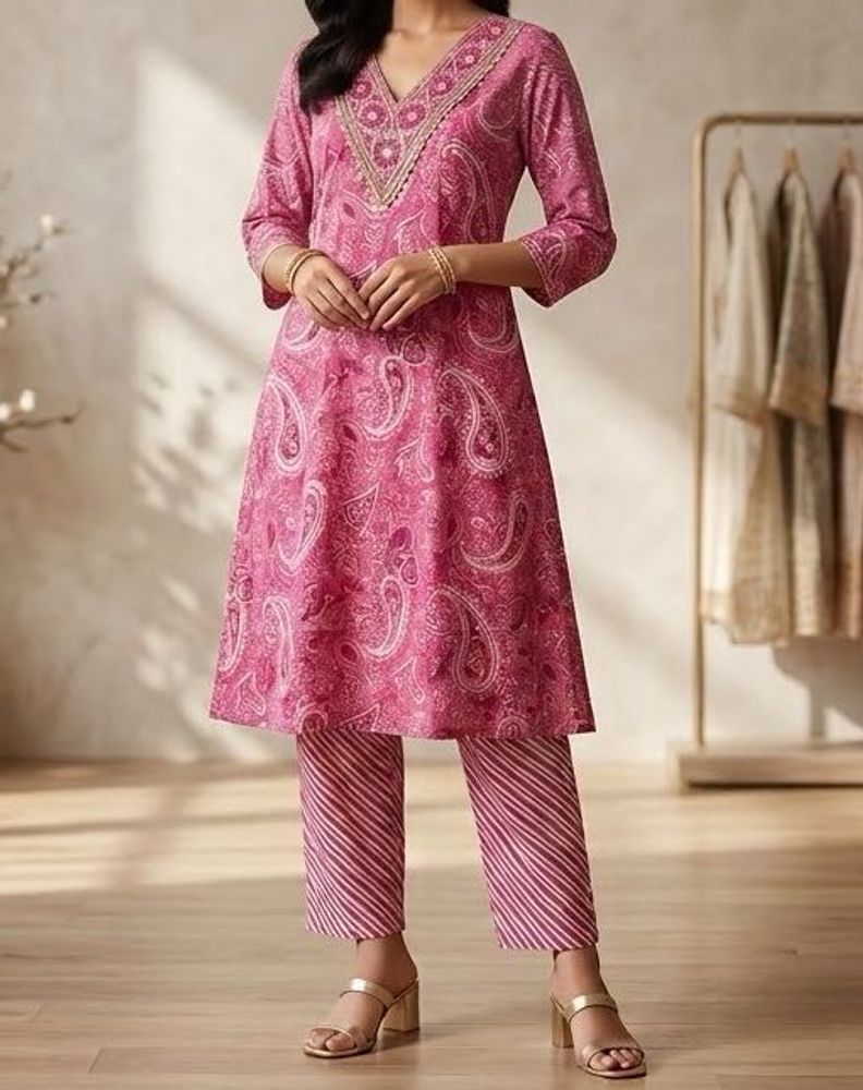Pink Paisley Kurta Set with Striped Pants