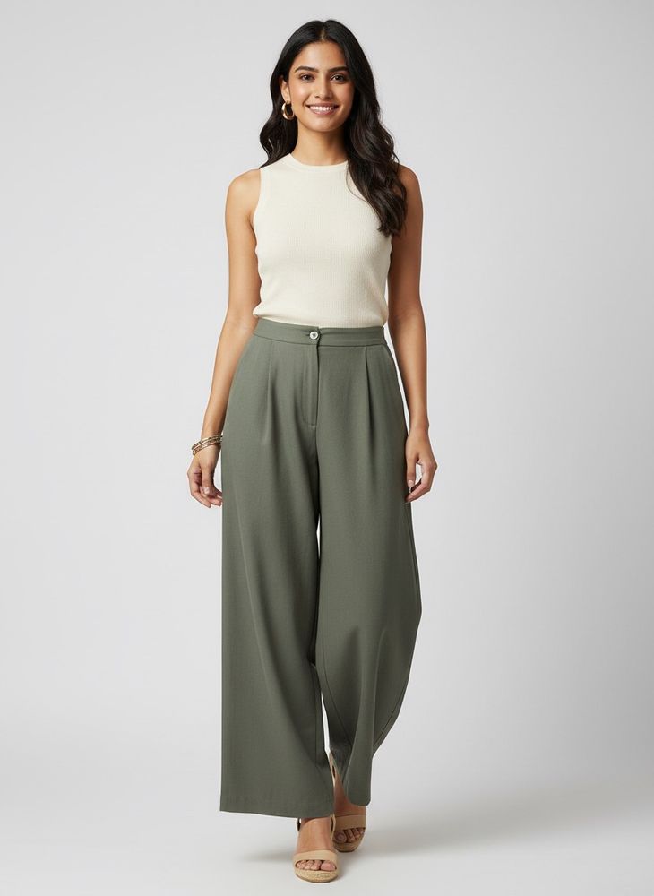 Stylish Olive Green Wide-Leg Trousers