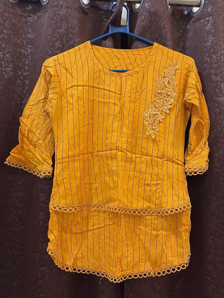 Yellow Striped Kurta with Lace