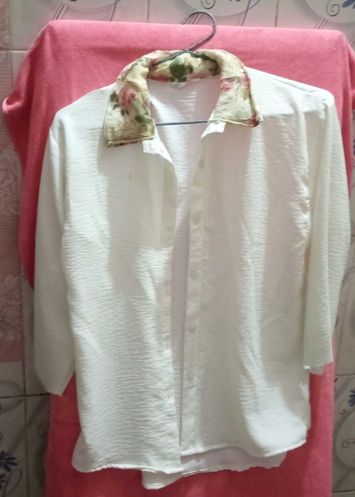 White Textured Collared Top with Floral Print