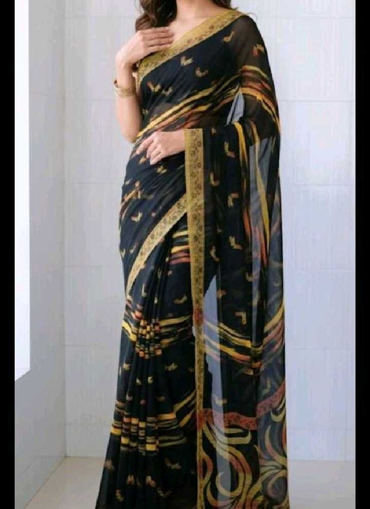 Elegant Black Saree with Golden Border