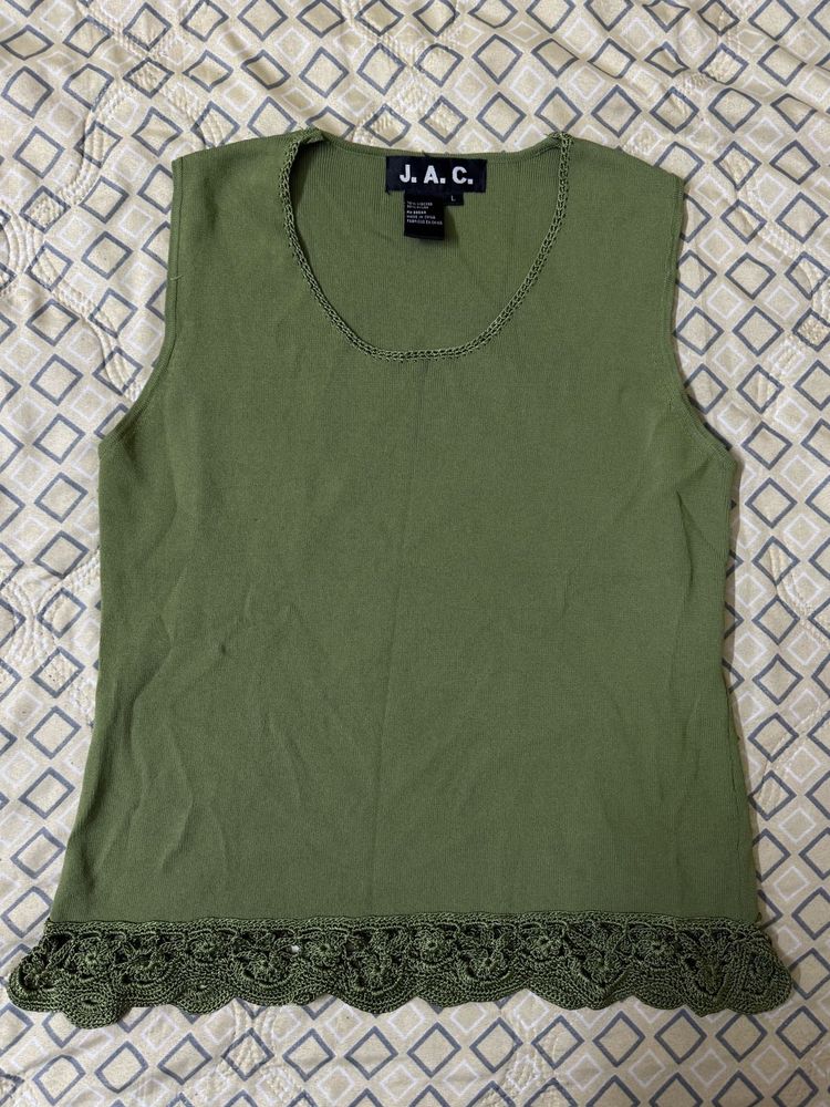 Olive Green Sleeveless Top with Lace Trim