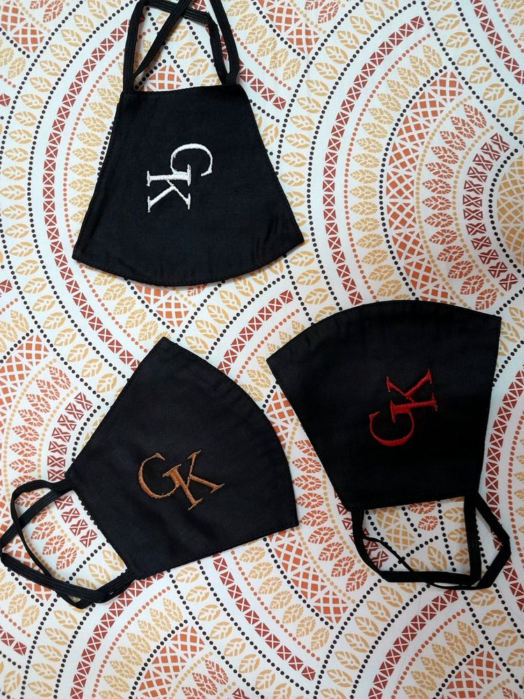 "GK" Embroidered Combo Of 3 Face Masks