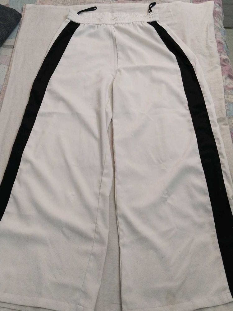White Wide Leg Pants with Black Stripe