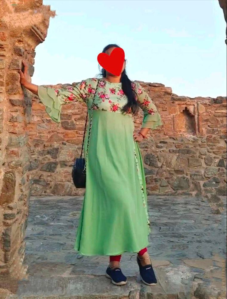Light Green Kurta with Floral Sleeves