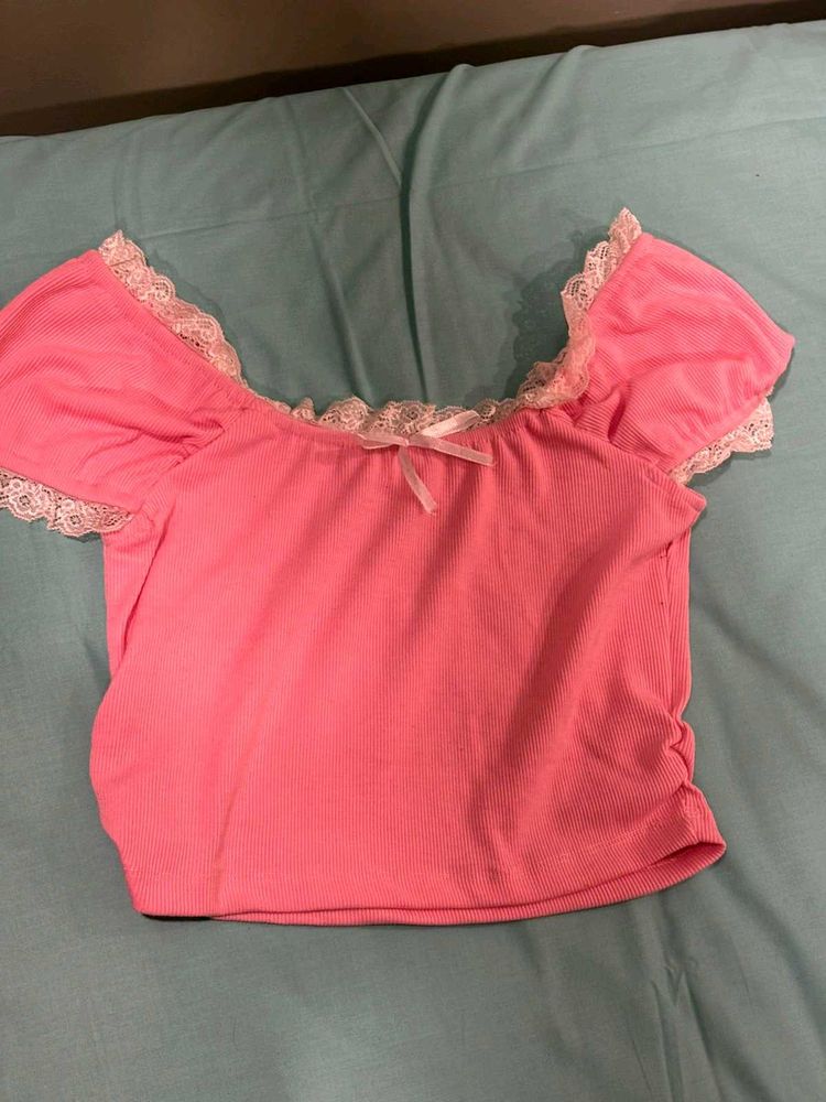 Cute Pink Lace Trim Crop Top aesthetic
