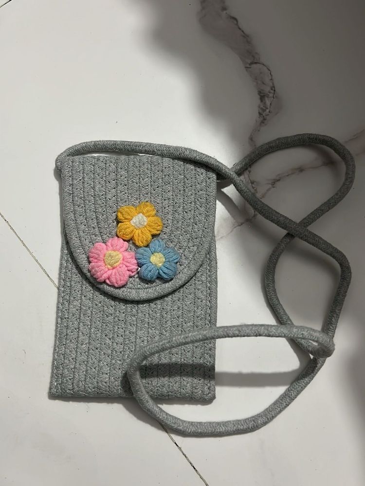 Gray Woven Phone Bag with Flowers