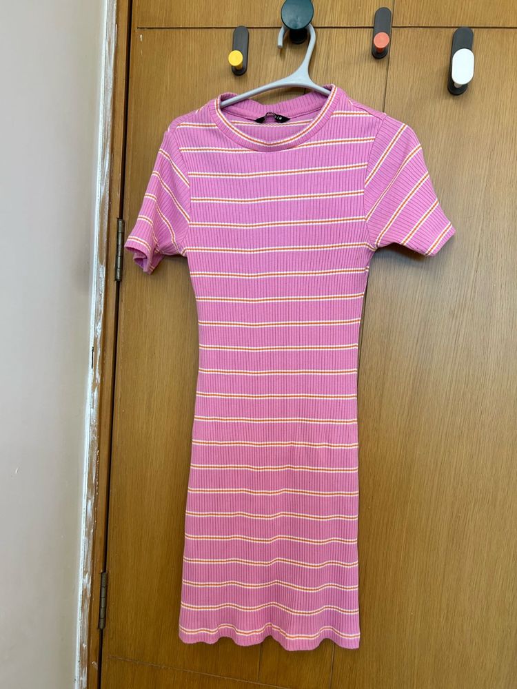 Pink Striped Ribbed Mini Dress