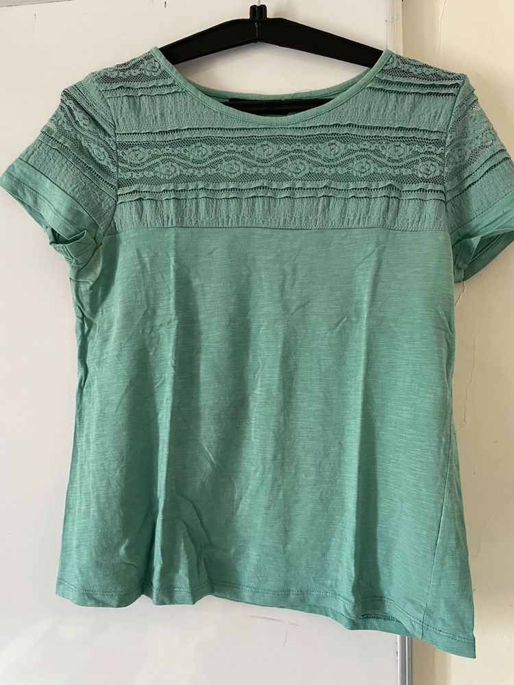 Buy1Get same white   Mint Green Lace Detail T-Shir