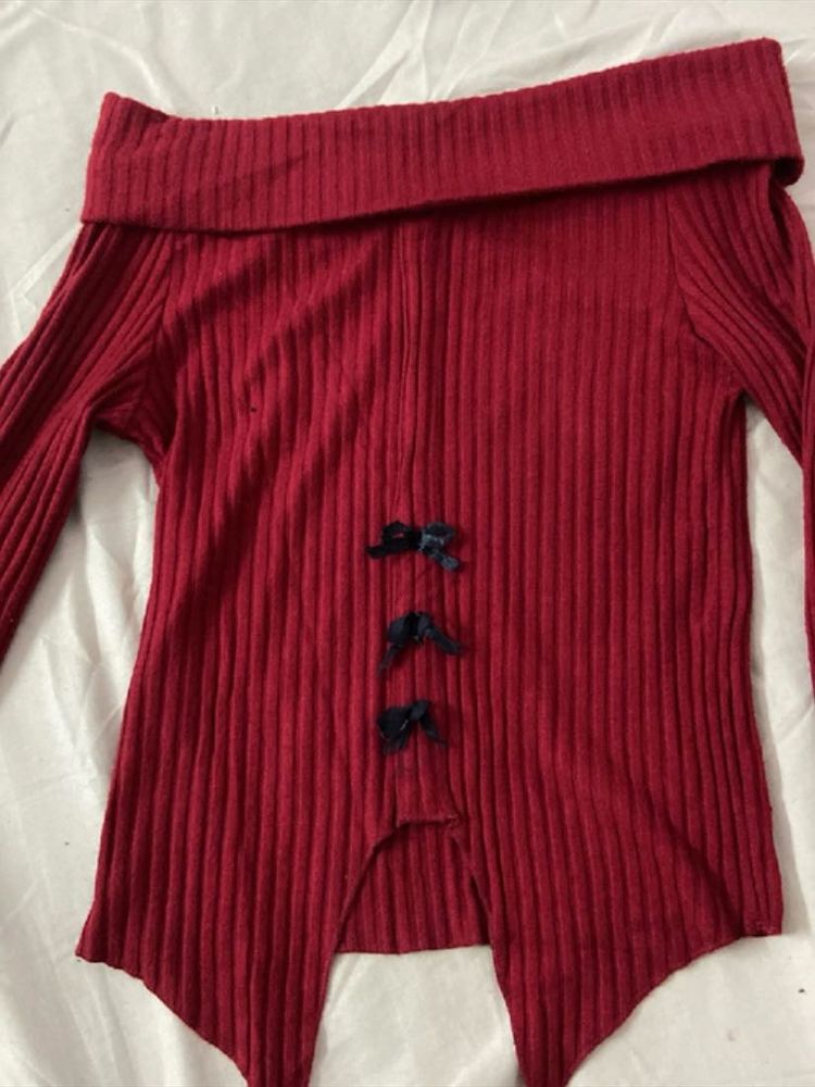 Ribbed Off-Shoulder Top with Bow Detail