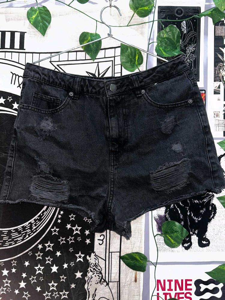 Black Distressed Denim Shorts