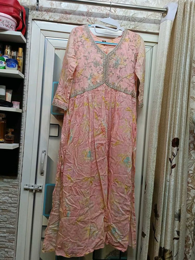 Elegant Pink Floral Print Kurtain Nyra Cut Style