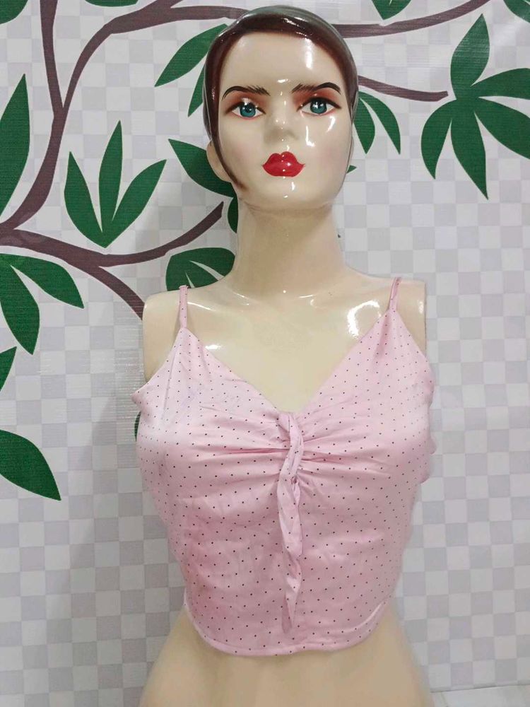 (514)Pink Polka Dot Tie-Front Crop Top