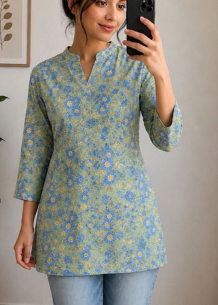 Blue Floral Print Cotton short Kurta