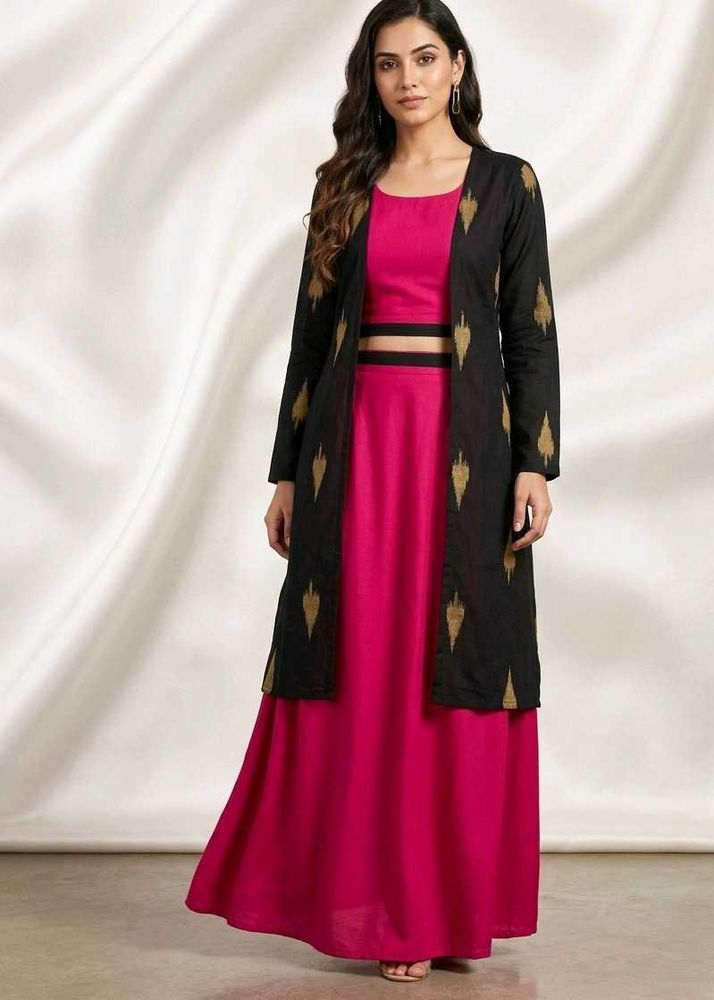 Chic Pink &amp; Black Kurta Set with Jacket