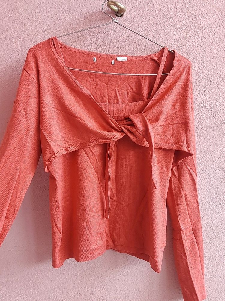 🔥Coral pink woolen knot top🔥