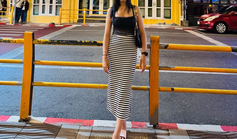 Black &amp; White Striped Midi Skirt