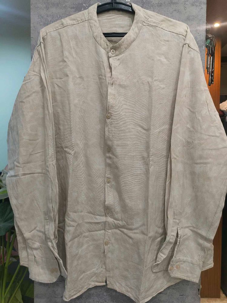 Men's Beige Band Collar Shirt