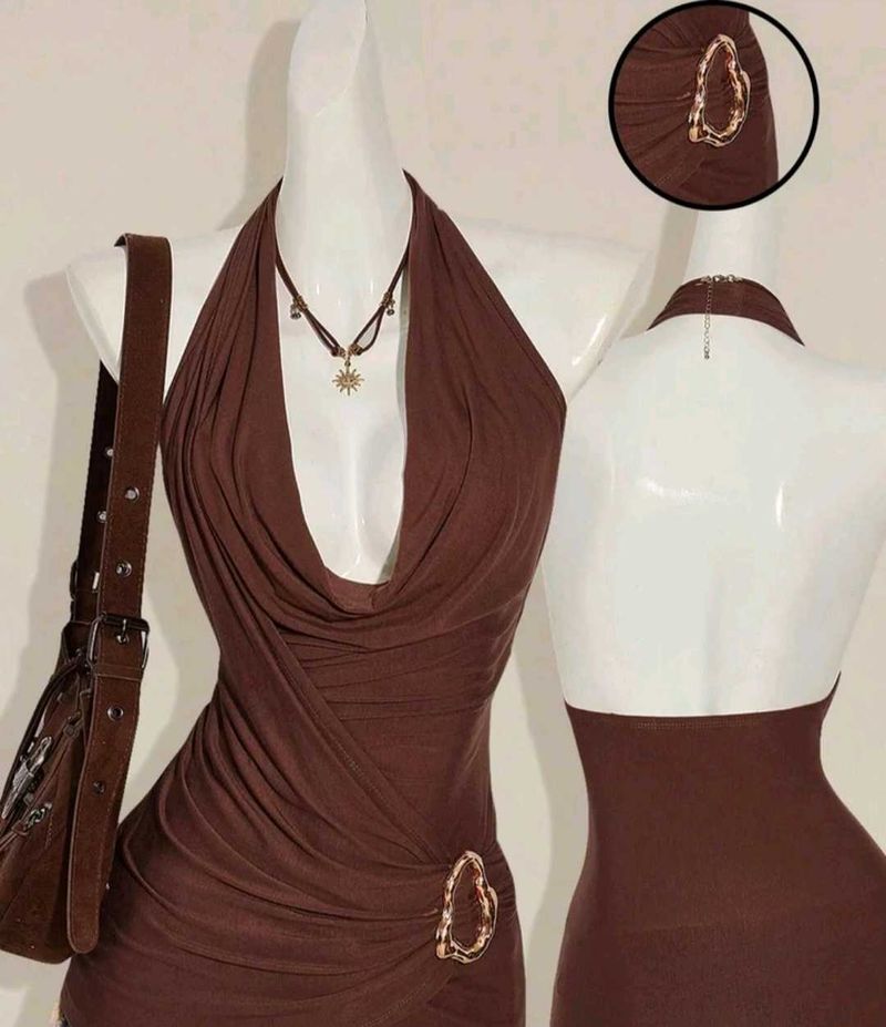 Brown Halter Neck Ruched Top