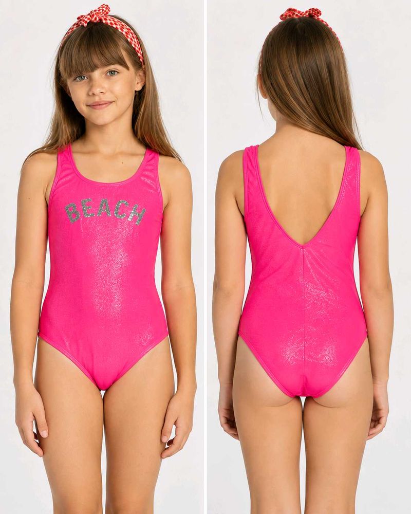 Girls' Pink Glitter “BEACH” One-Piece Swimsuit