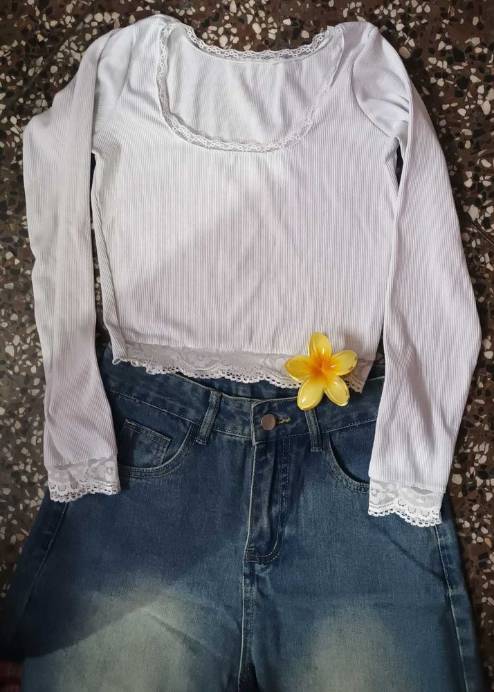 White Lace Trim Long Sleeve Top