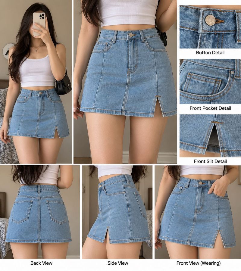 Light Wash Denim Mini Skirt with Slit
