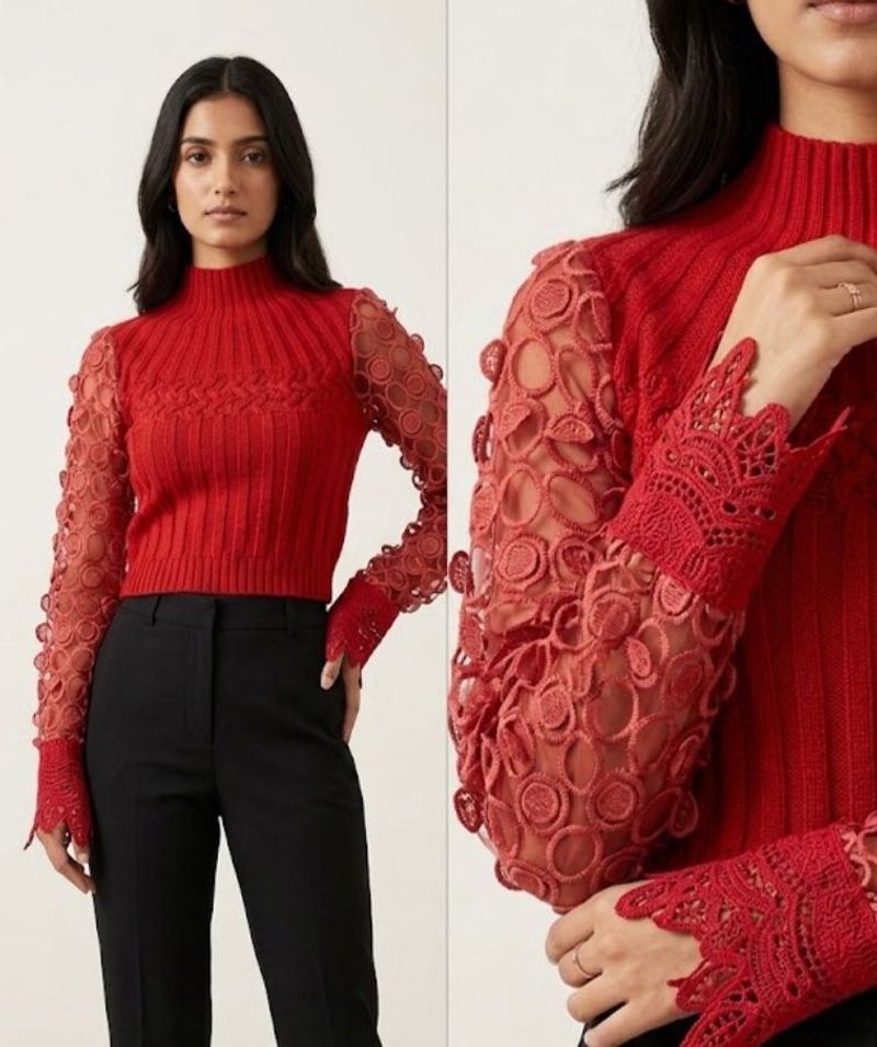 Chic Red Ribbed Knit Top with Lace Sleeves