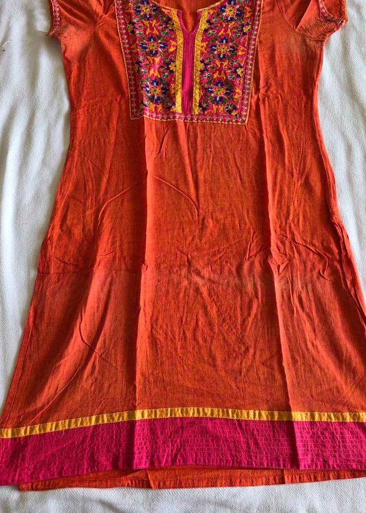 Embroidered Orange Kurta