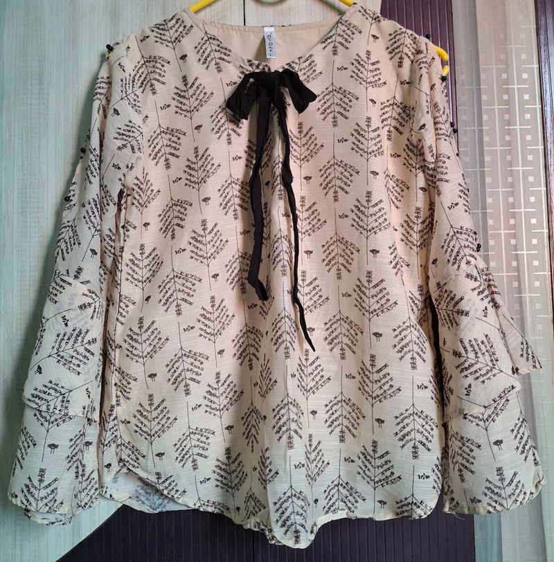 Boho Printed Tie-Neck Bell Sleeve Top
