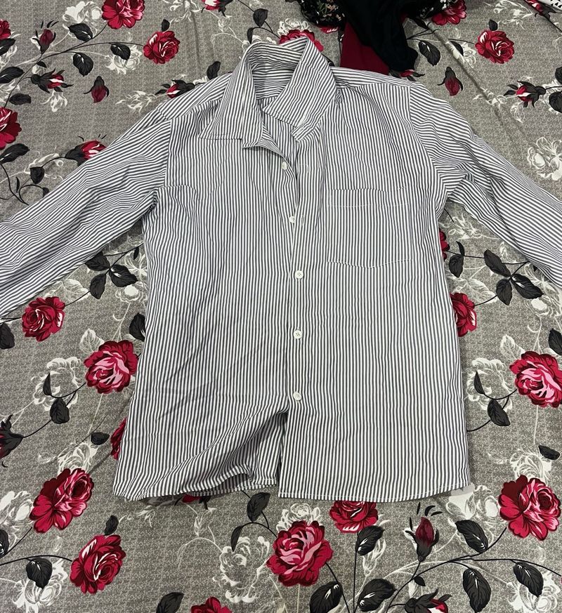 Aesthetic Grey Striped Button-Up Shirt