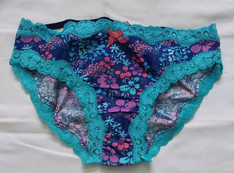 Blue Floral Print Panty With Lace Detail