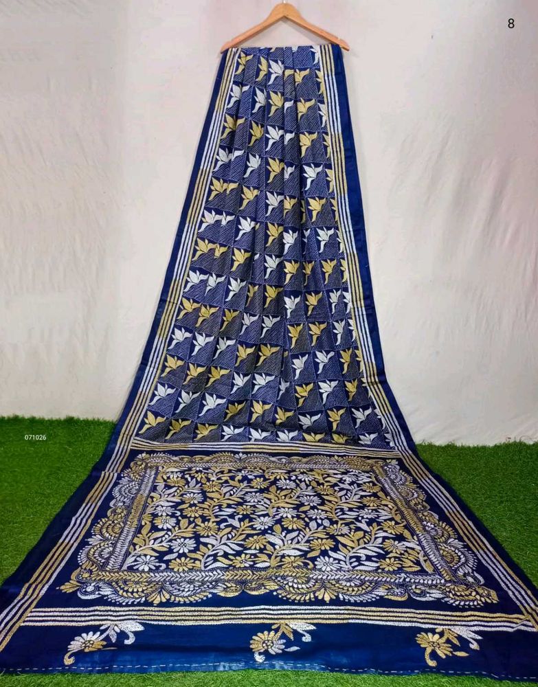 Elegant Blue Saree with hand Kantha Embroidery