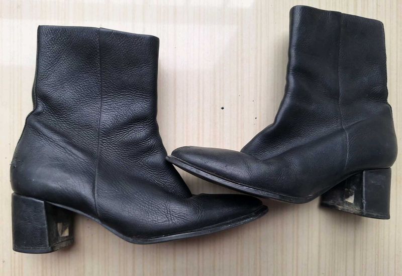 Black Faux Leather Block Heel Ankle Boots