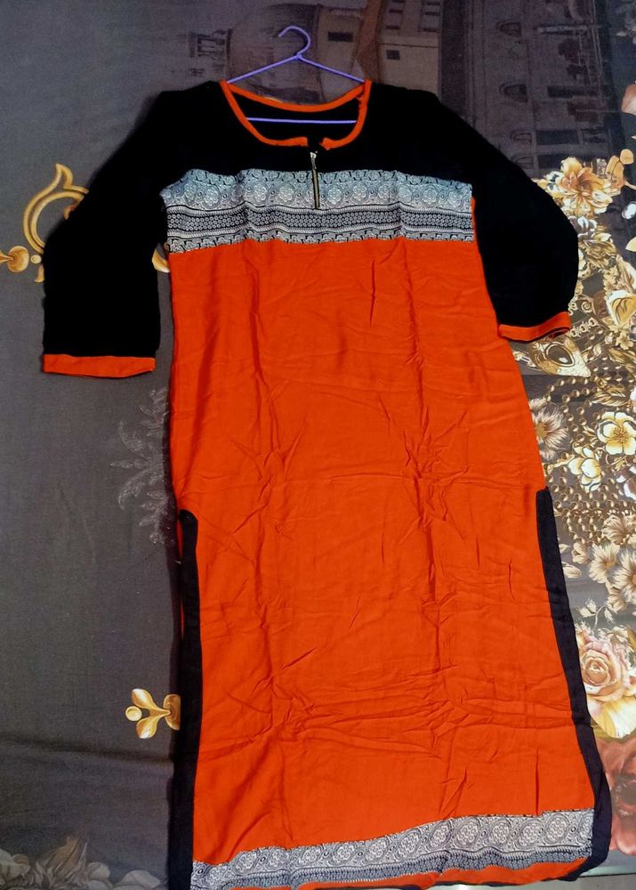 Orange long Kurta with Black Sleeves