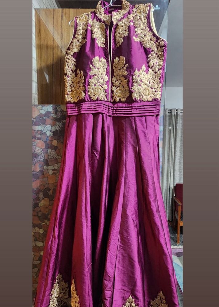Elegant Purple &amp; Gold Embroidered Anarkali Gown