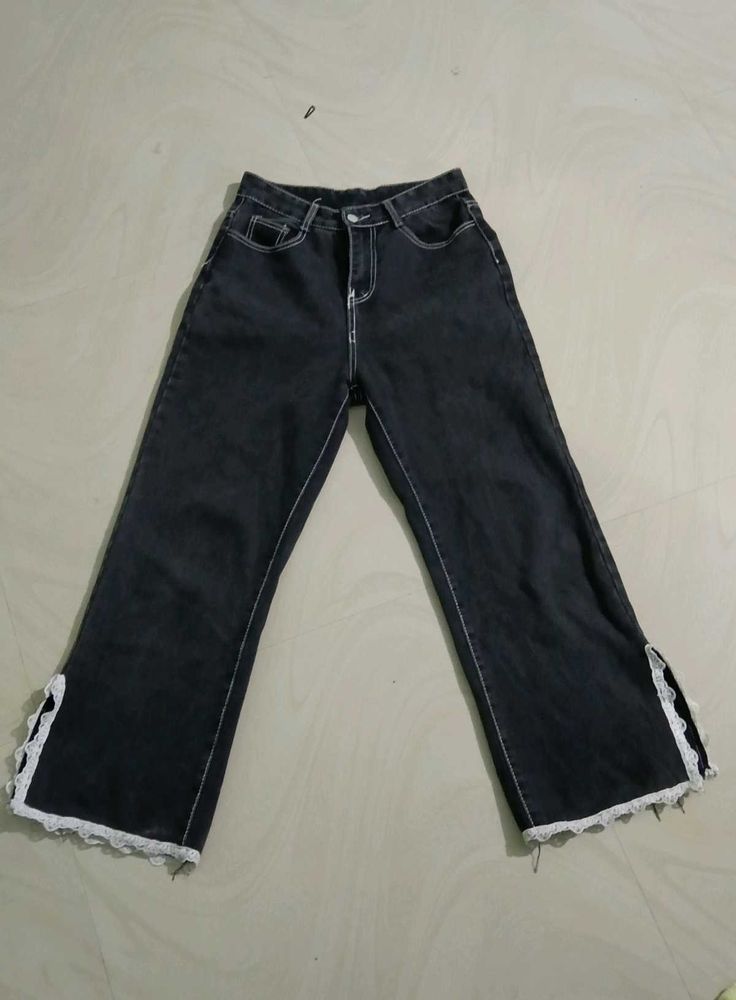 Stylish Lace Trimmed Denim Jeans