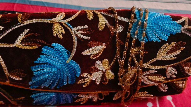 Embroidered Clutch Bag with Chain