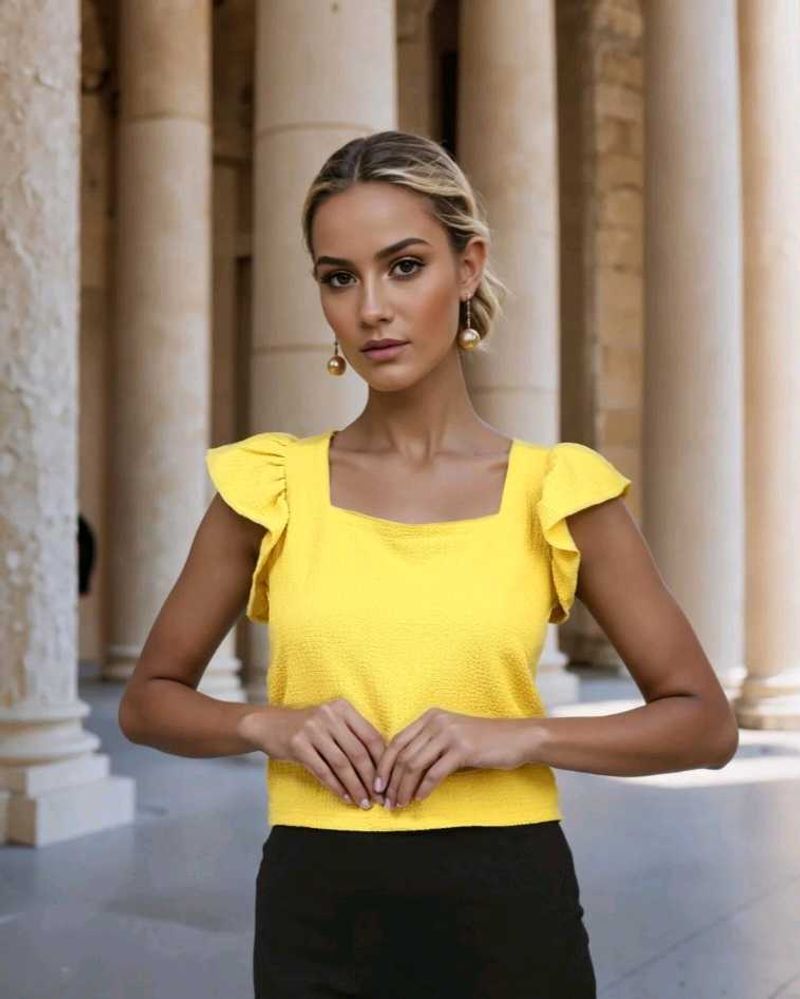 Shein fitted square nevk Yellow Ruffle Sleeve Top