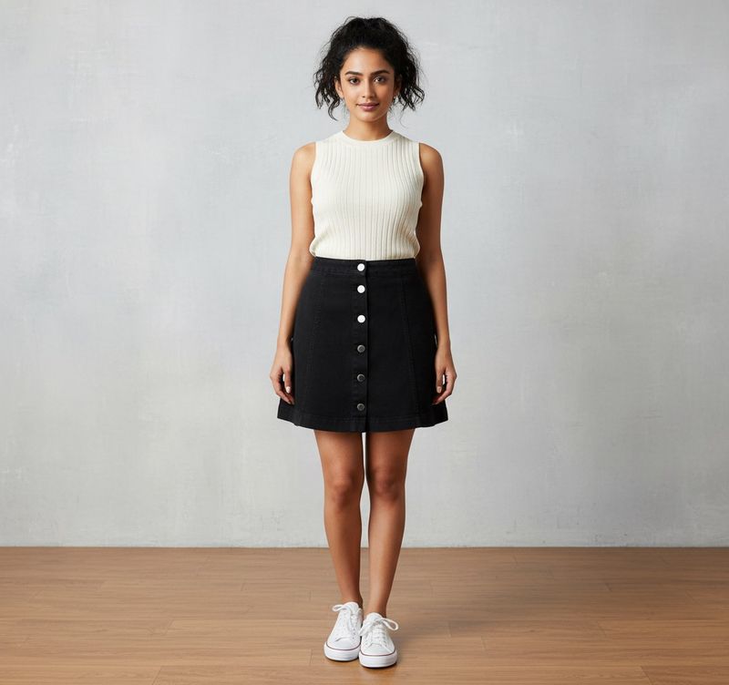 H&amp;M Classic Black A-Line Button-Front Denim Skirt