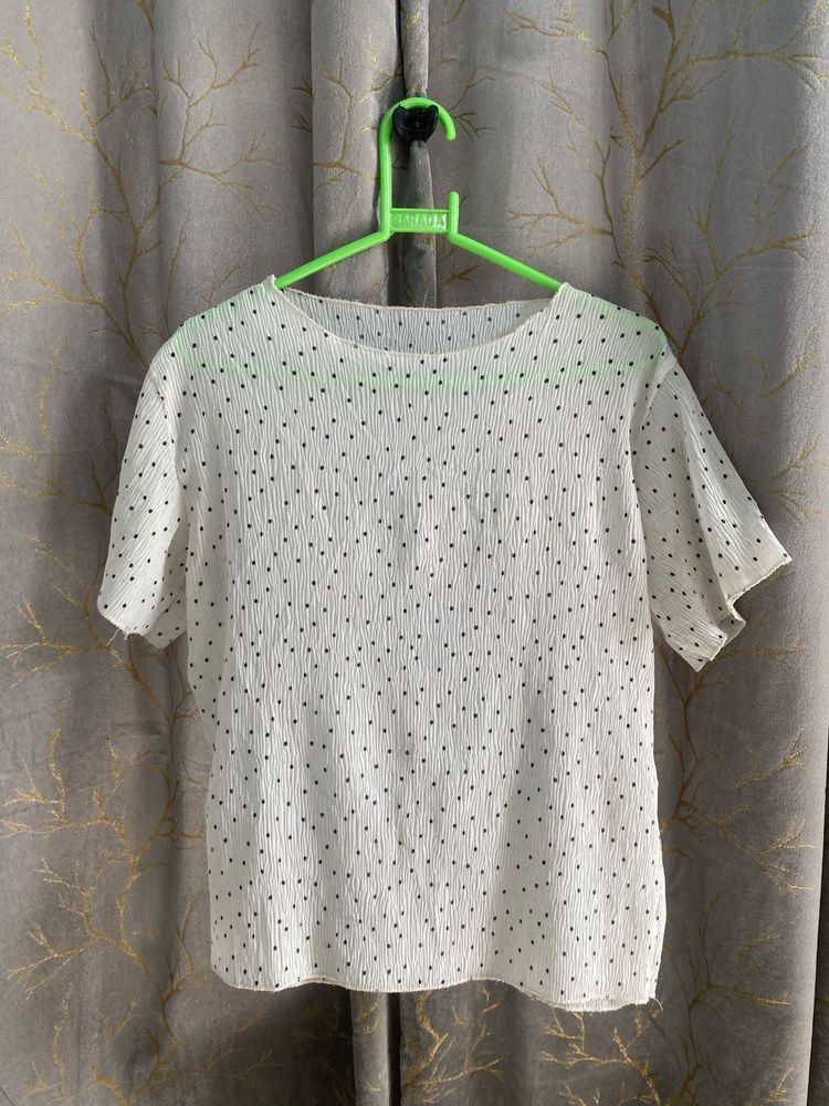 Chic White Polka Dot Pleated Top