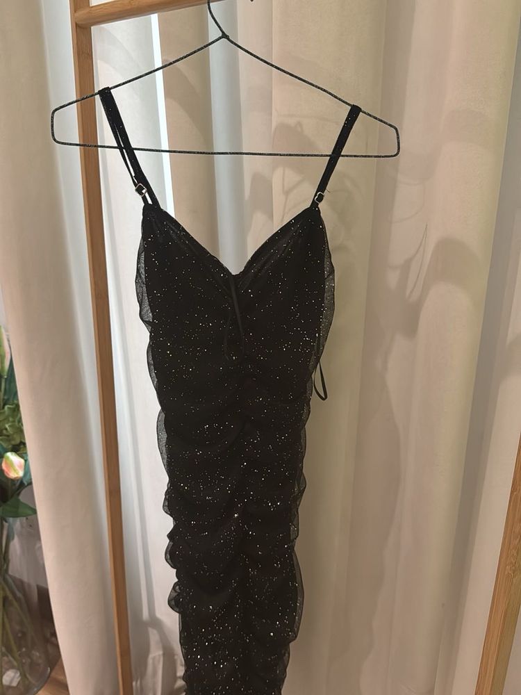 Sparkly Black Ruched Mini Dress Xs