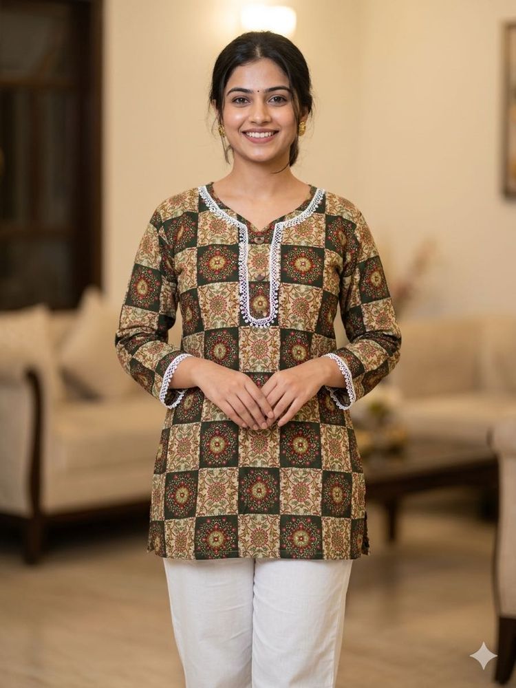Beautiful Printed Kurti with White Lace Trim