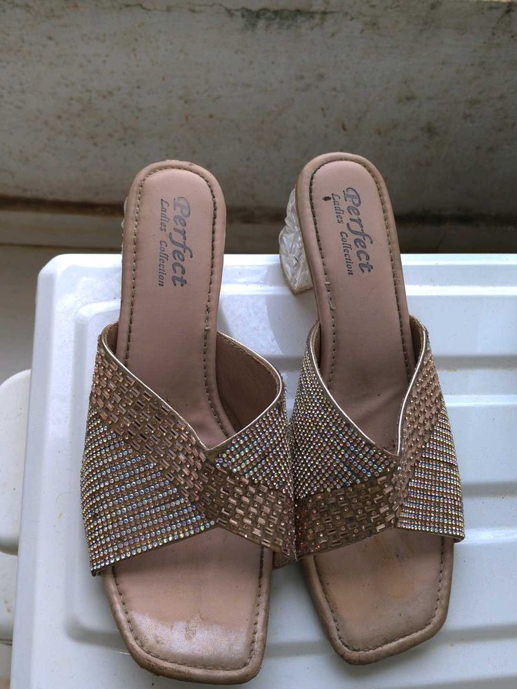 Sparkly Embellished Block Heel Slides